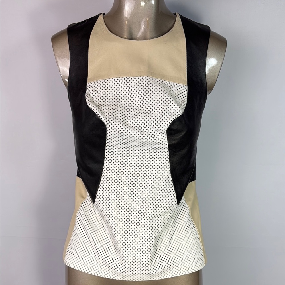 Ohne Titel Leather Top Stylish Black and Cream Sleeveless Top